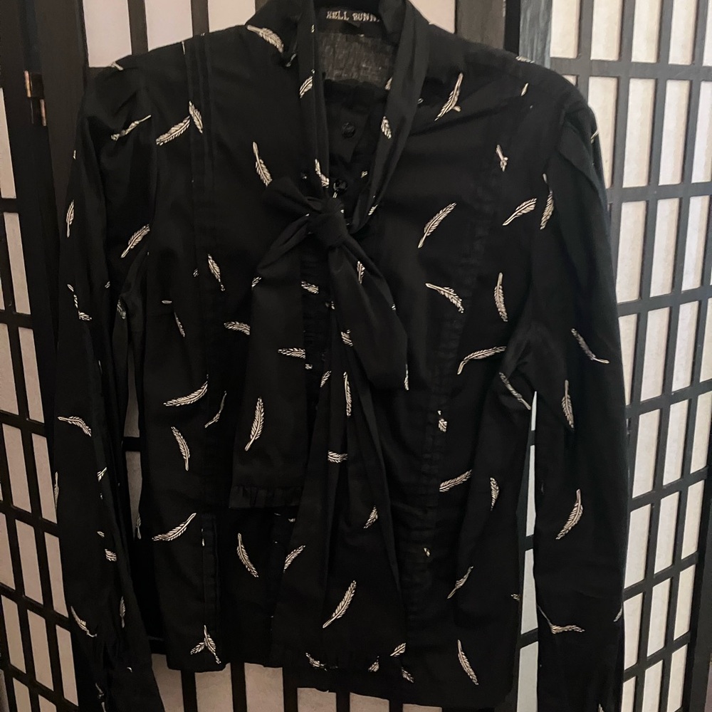 He’ll Bunny Chic Black Blouse with White Feather Design
